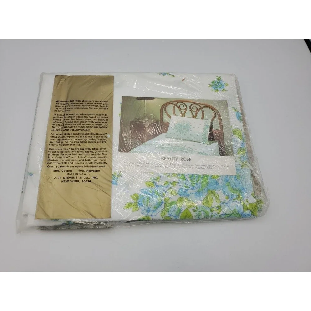 Vtg JP Stevens Utica Beauty Rose Pillowcases 42x36 Percale Blue Flowers Set of 2